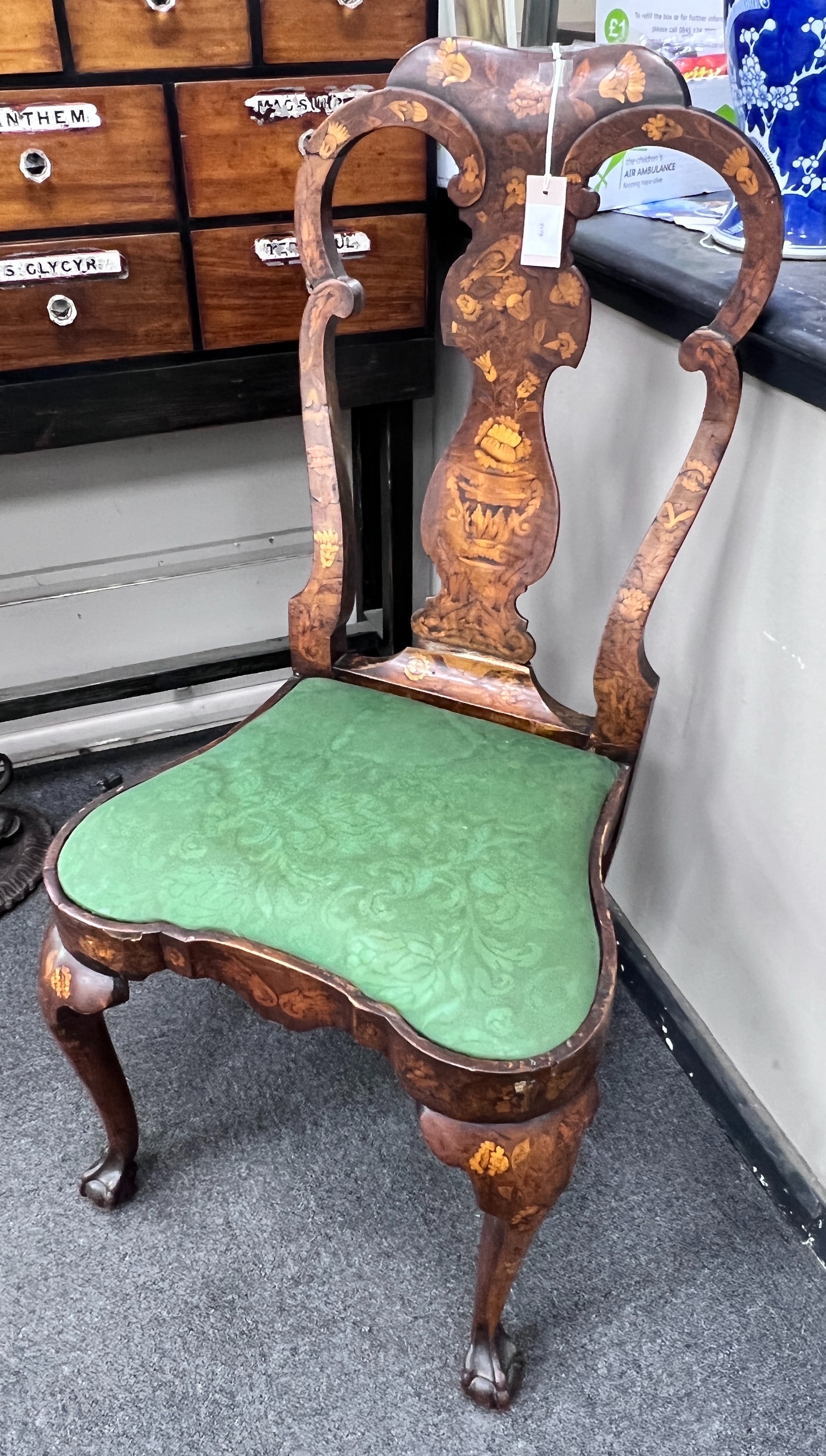 An 18th century Dutch walnut and marquetry side chair, height 108cm
